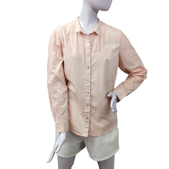 J Jill Button Down Shirt Size Medium Pale Pink Collared Lace Panels Long Sleeves - Picture 1 of 8